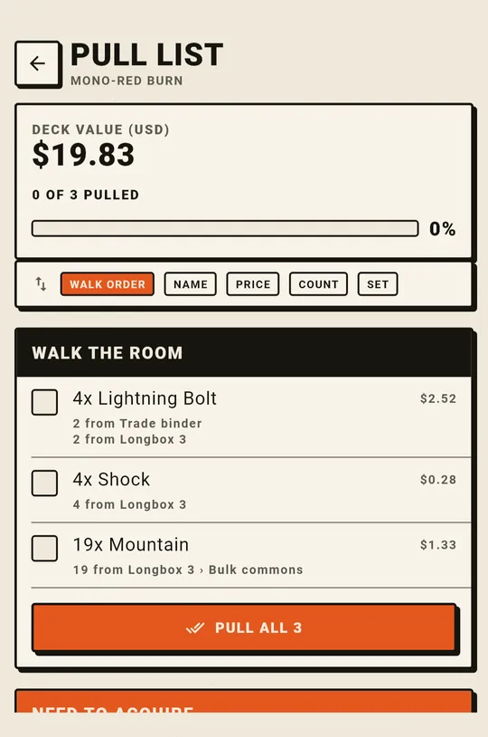 A pull list, grouped by container, showing which cards to fetch from each box.