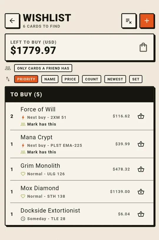 The wishlist: cards being hunted, with priorities, prices and a note that a friend has one.