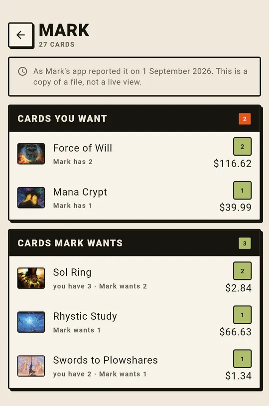 A friend's collection: panels showing cards they hold that you want, and cards you hold that they want.